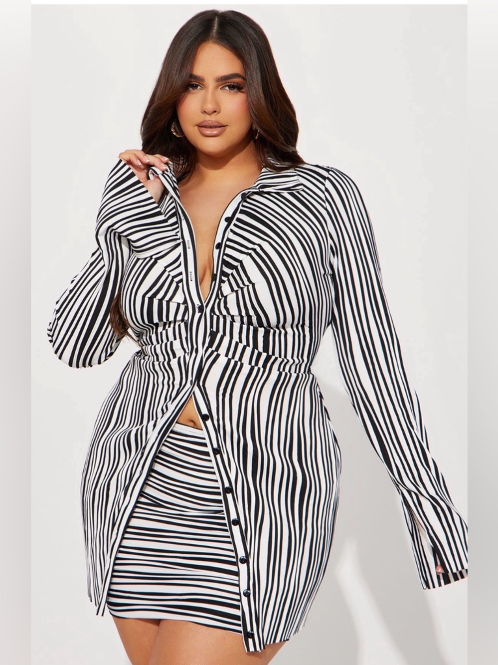 Fashion Nova 2 pc Striped Button-Front Shirt Skirt Dress Set in Black White 2X